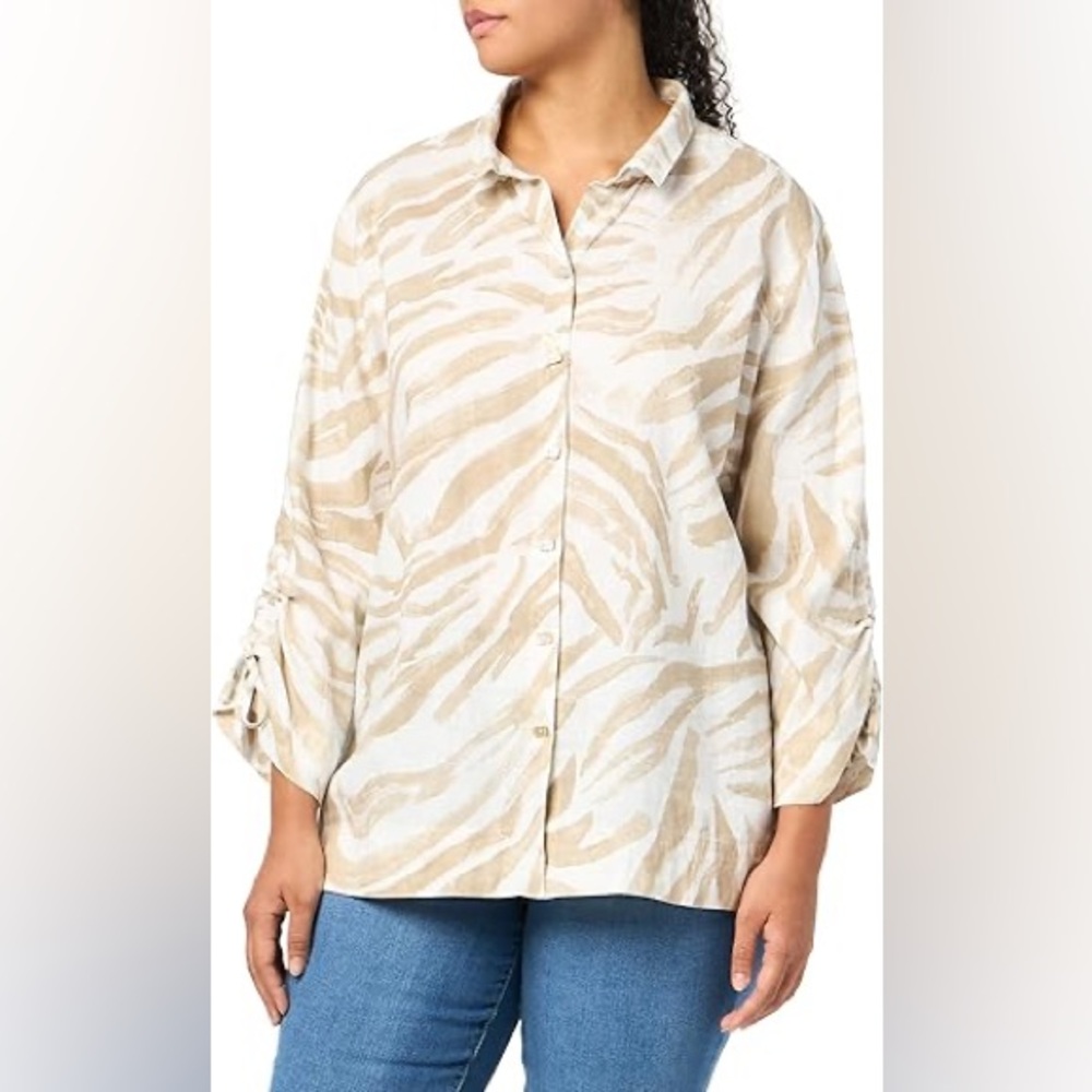 John Mark Women’s Zebra Linen Button Front Tunic Sz M Cinch Sleeves Wire Collar